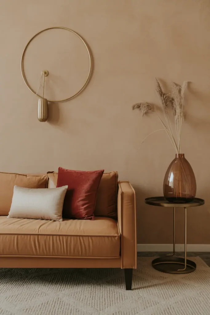 Sand wall with camel sofa and brass accents.