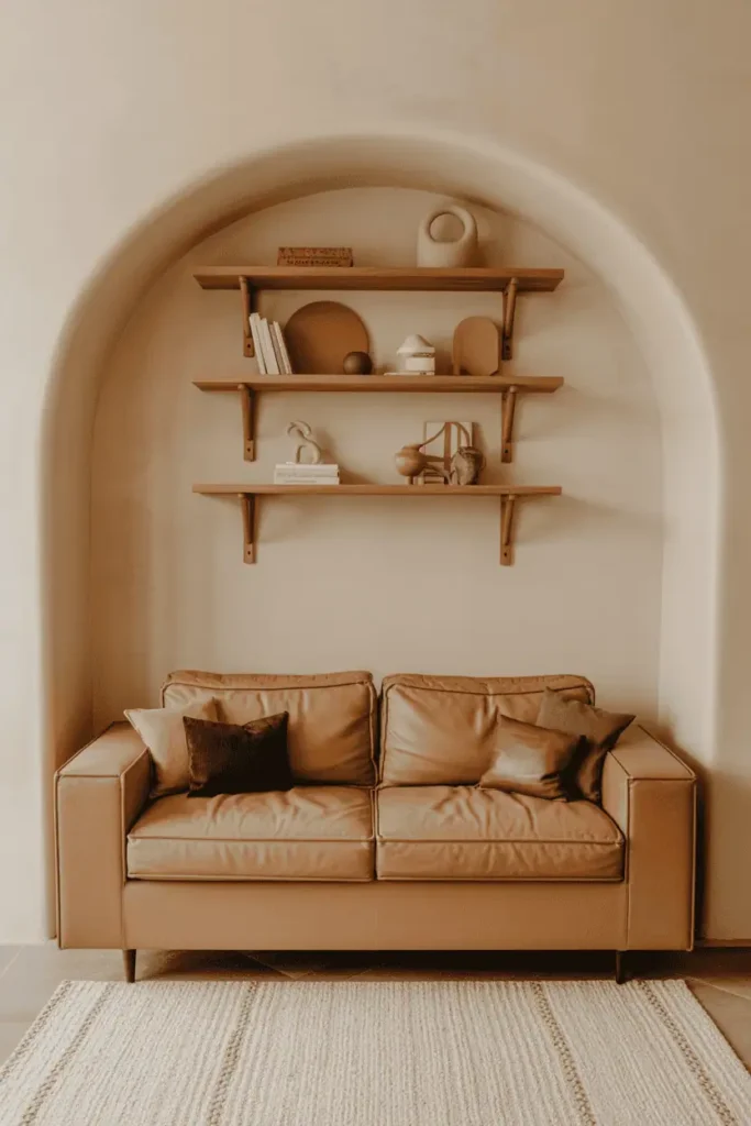 Cream walls with camel sofa.