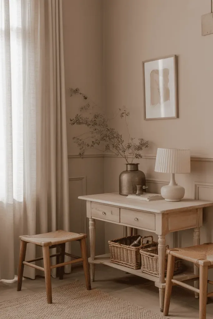 Greige walls with rustic wooden table.