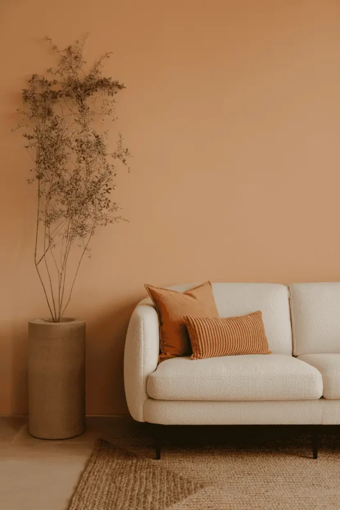 Apricot wall with cream sofa.