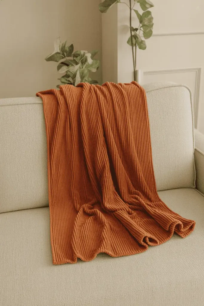 Beige sofa with pumpkin spice throw.