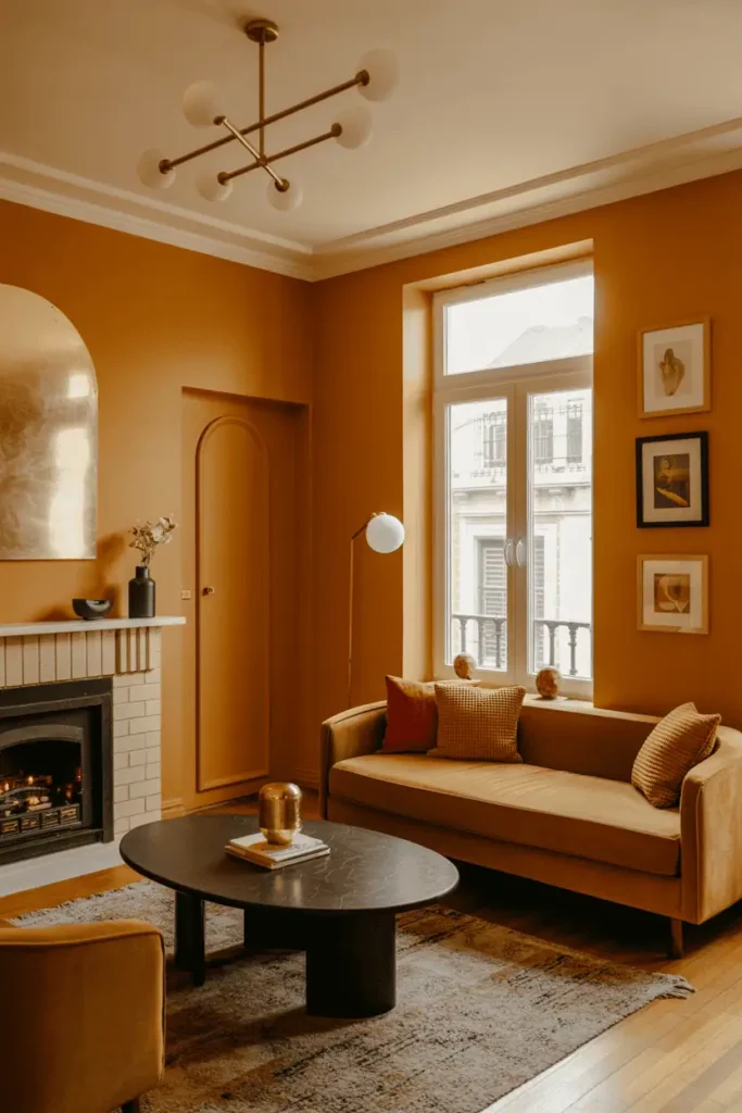 Amber walls with brass lighting fixtures.