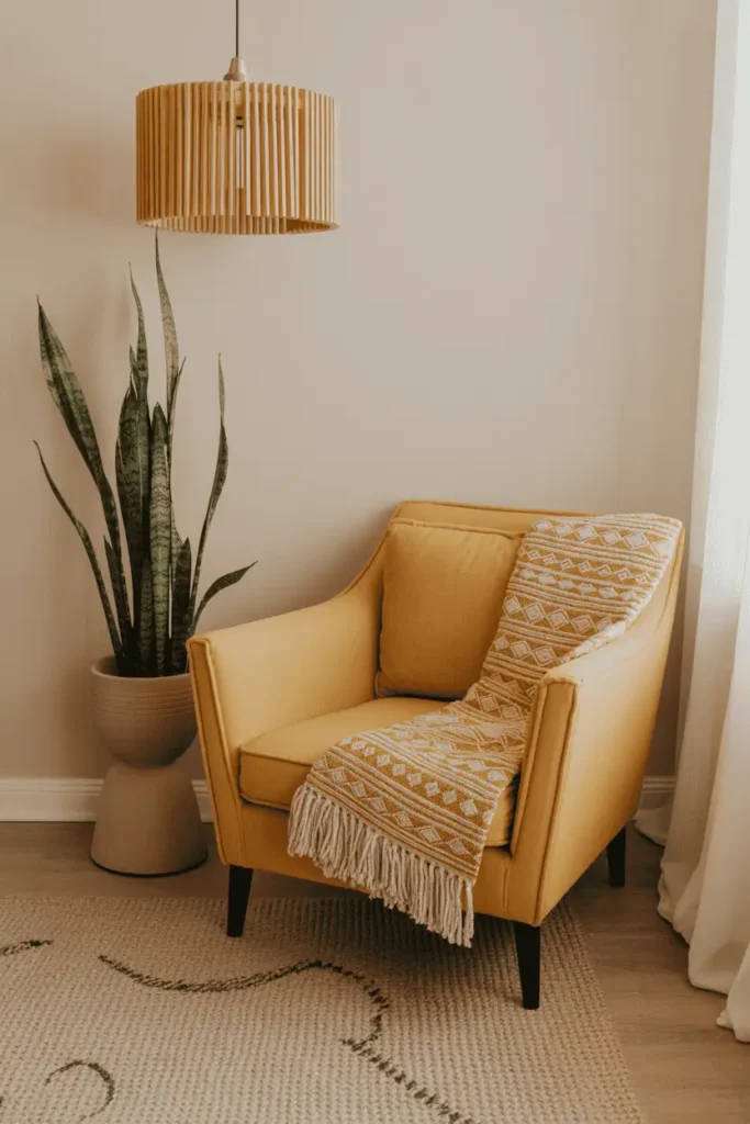 Mustard yellow chair in boho living room.