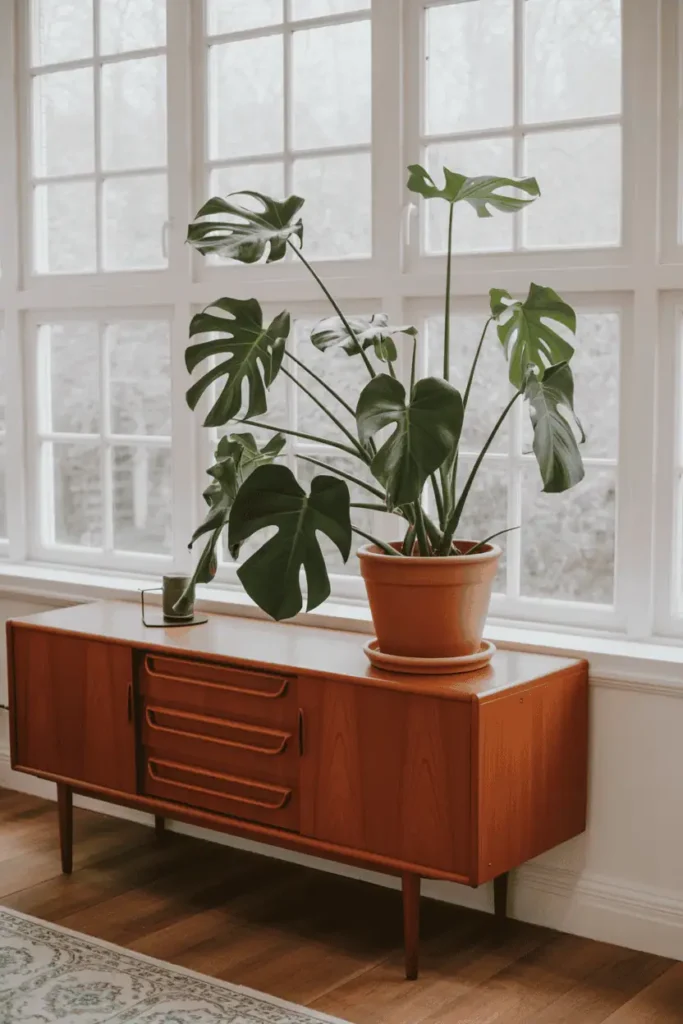 Indoor greenery in a cozy mid century modern home.