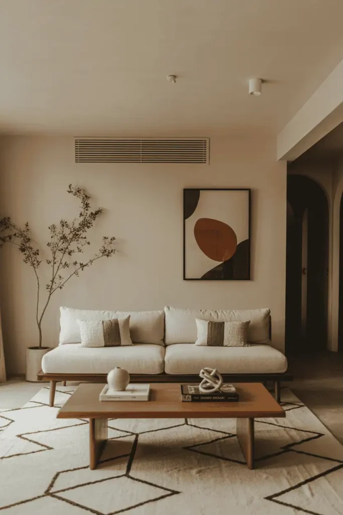 Mid century modern living room with clean lines and geometric shapes.