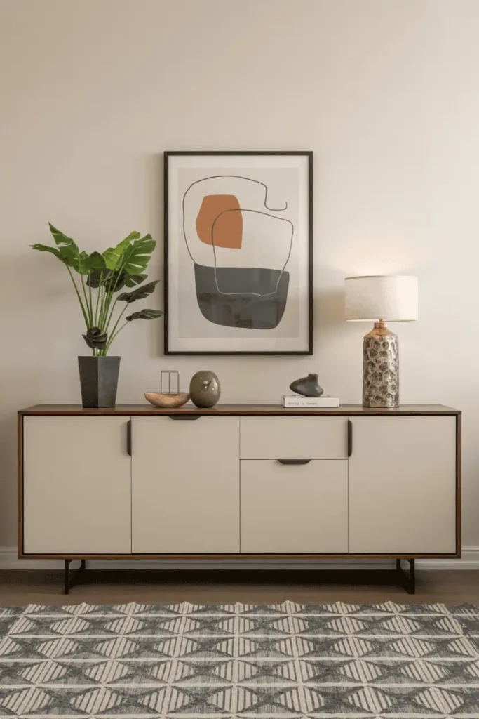 Bold artwork and retro patterns in a mid century living room