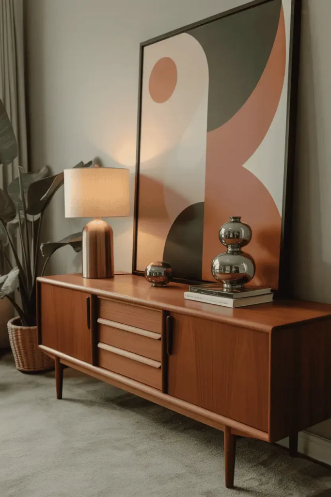 Natural wood furniture in mid century modern decor.