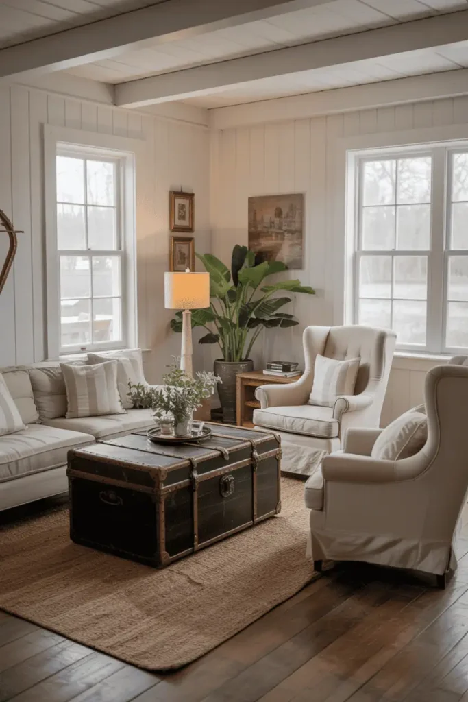 Cozy farmhouse seating area with rustic furniture.