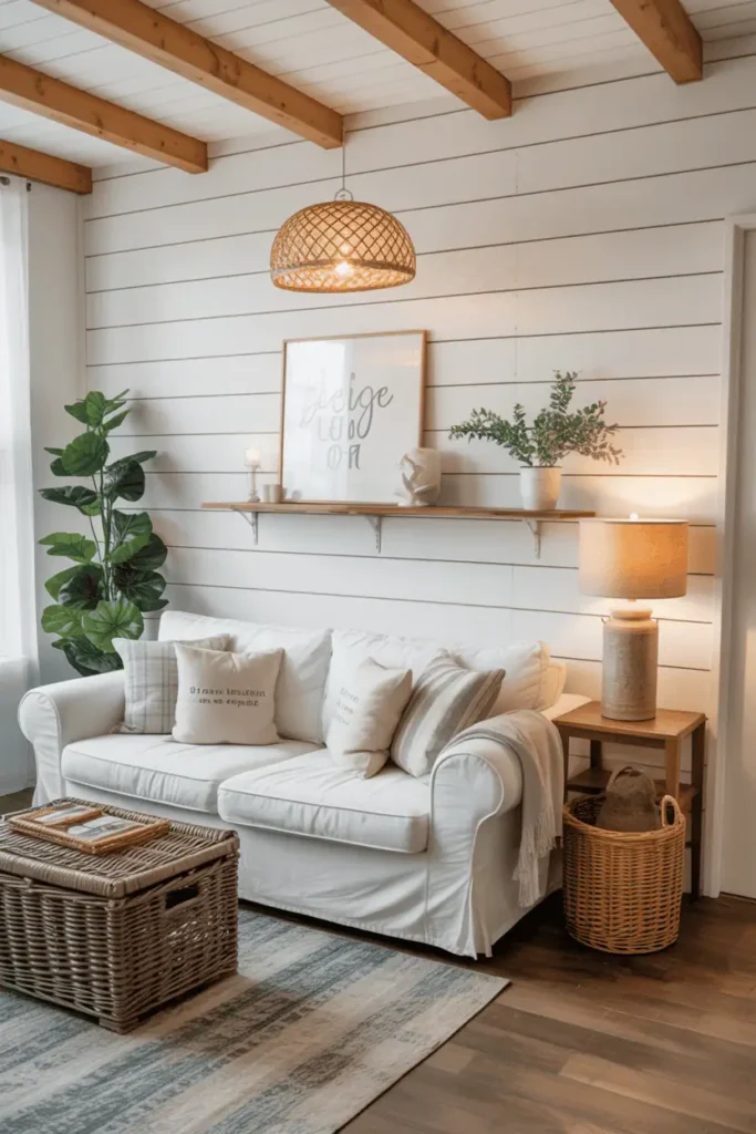 Farmhouse living room with DIY shiplap wall.