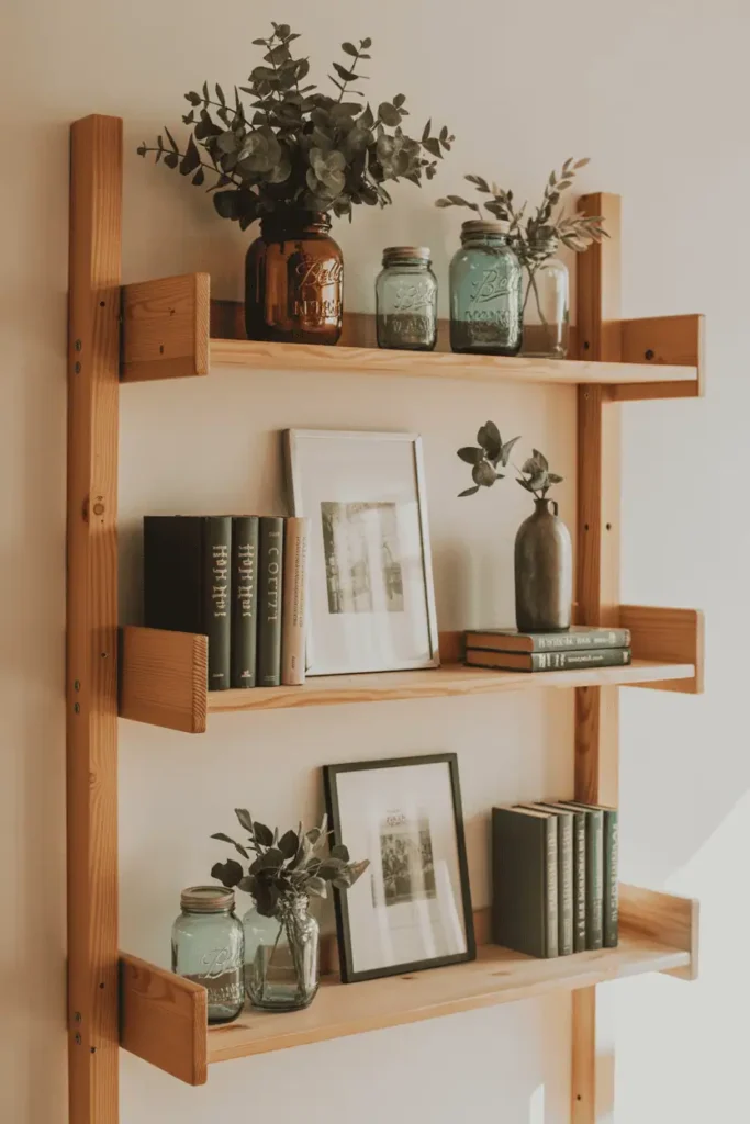Rustic farmhouse shelves styled with jars and books.