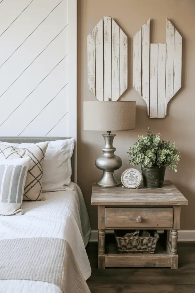 DIY farmhouse wall makeover with rustic table.