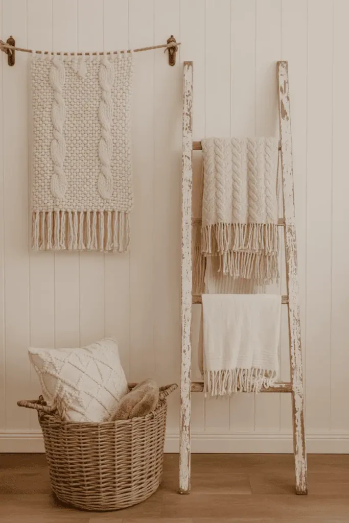 Farmhouse wall painted in layered whites and creams.