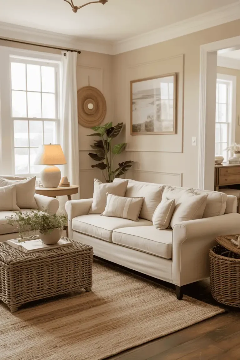 Neutral farmhouse living room with cream walls and beige sofa.