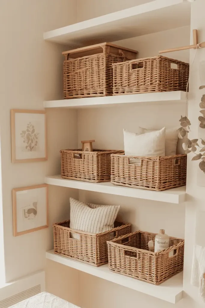 Farmhouse floating shelves with wicker baskets.