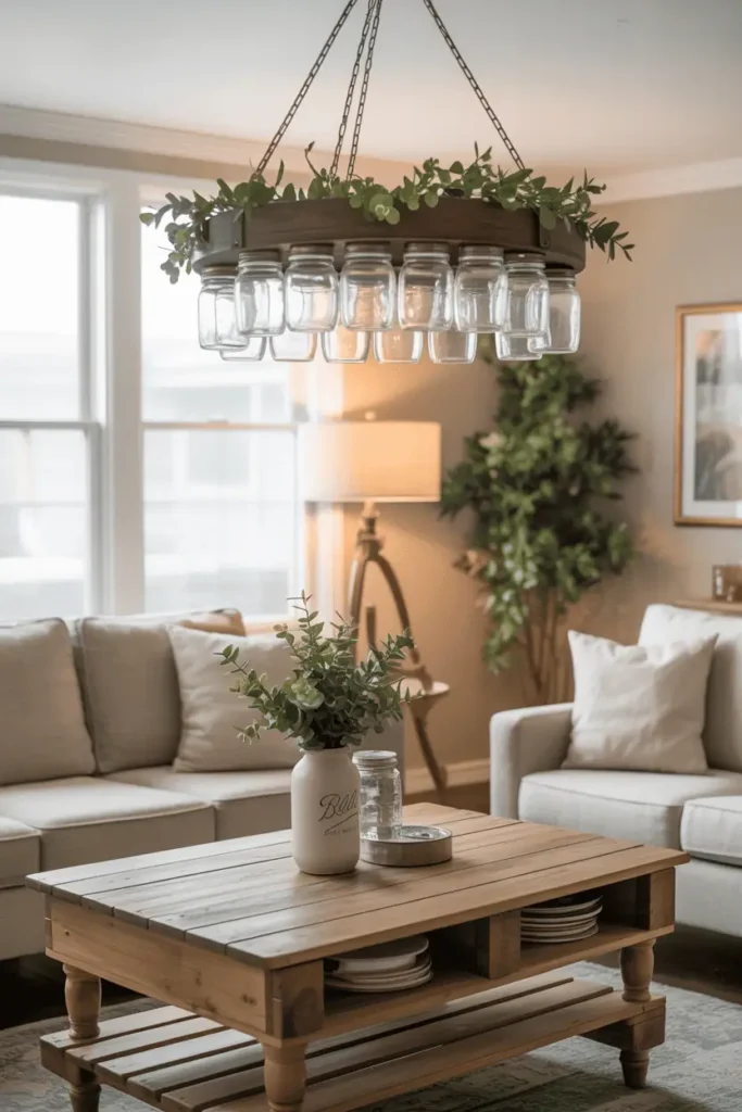 DIY mason jar chandelier in farmhouse living room.