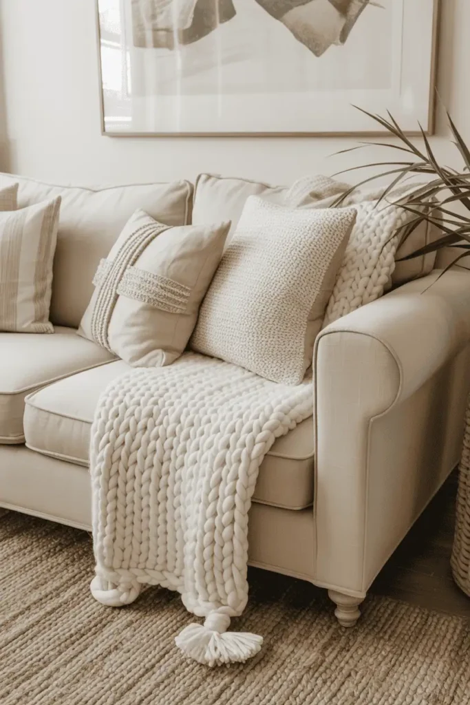 Farmhouse sofa layered with cozy textures and rug.