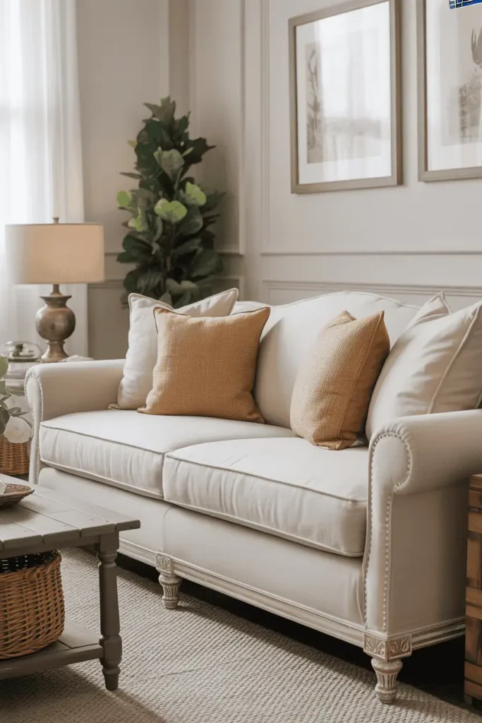 Affordable farmhouse sofa with rustic pillows.