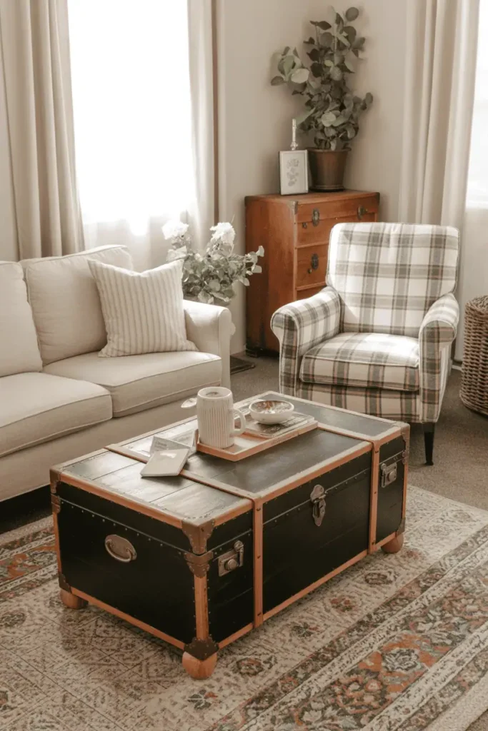 Thrifted farmhouse furniture with vintage trunk coffee table.