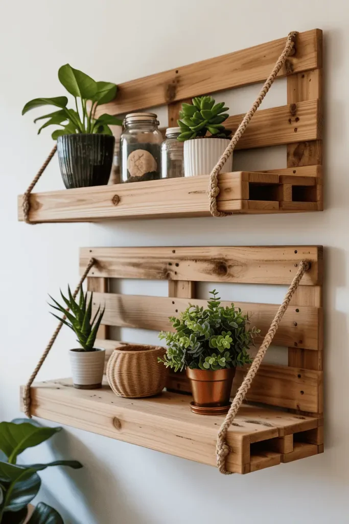 Pallet wood shelves used for farmhouse storage.
