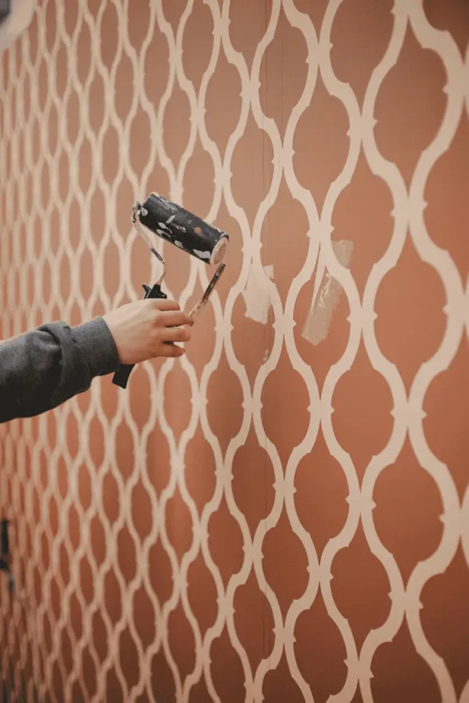DIY Moroccan stencil wall art being painted in warm earthy tones.