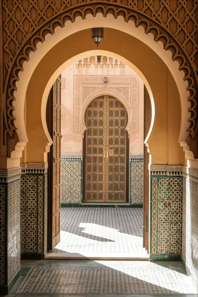 Traditional Moroccan arched doorway with detailed lattice design.