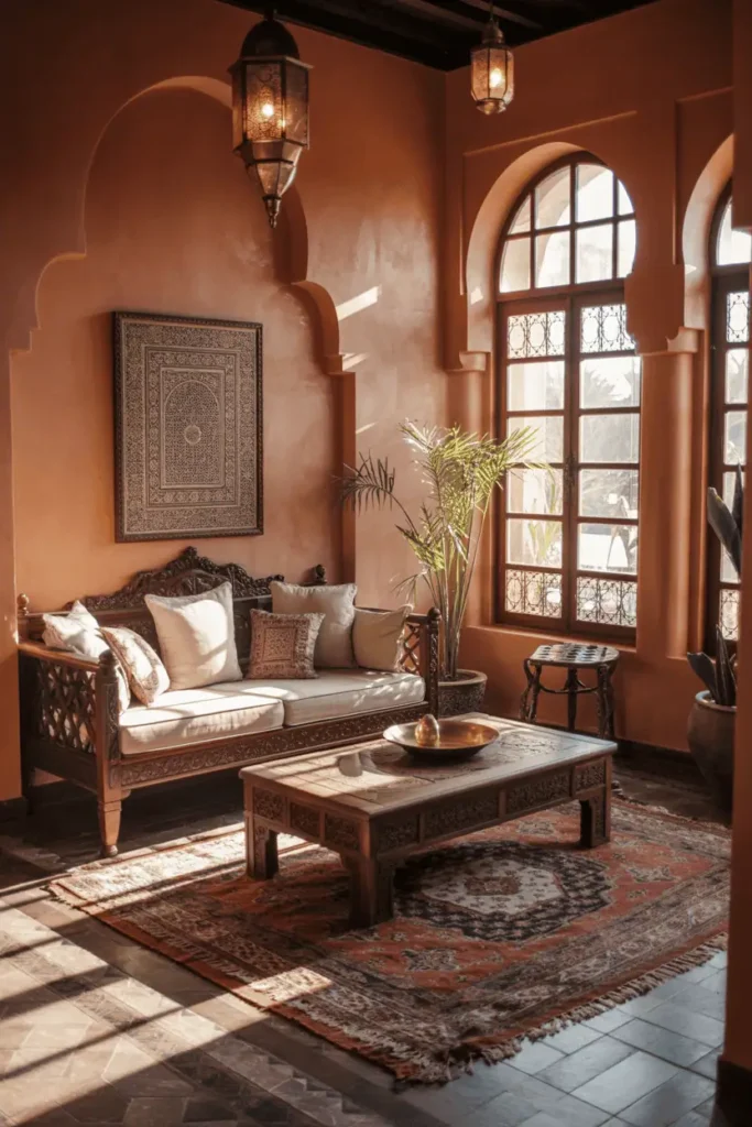 Warm Moroccan living room with brass lanterns, colorful rug, and carved wooden table.